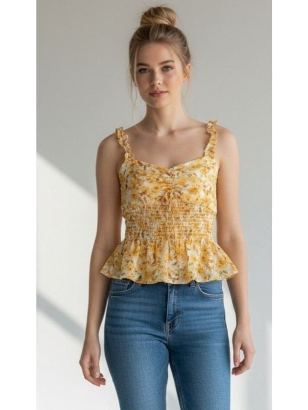 Lush Floral Tie Front Tank Top Gold Brown, Sz. M
